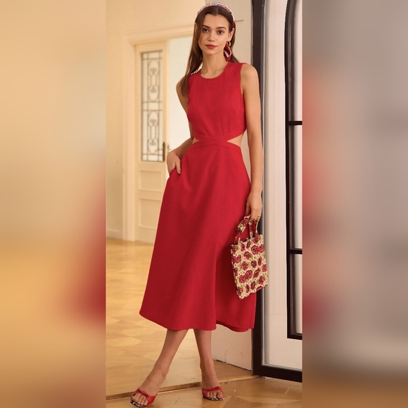RIHOAS Red Round Neck Cut-Out Midi Dress Size Small - Picture 8 of 10